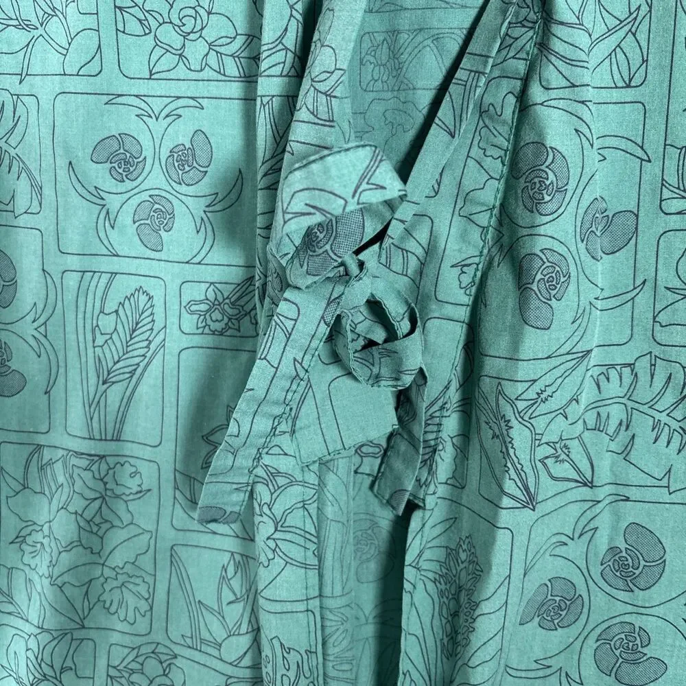 Vintage Women's‎ Emerald Green Kimono Robe Framed Botanical Patchwork Print MCM